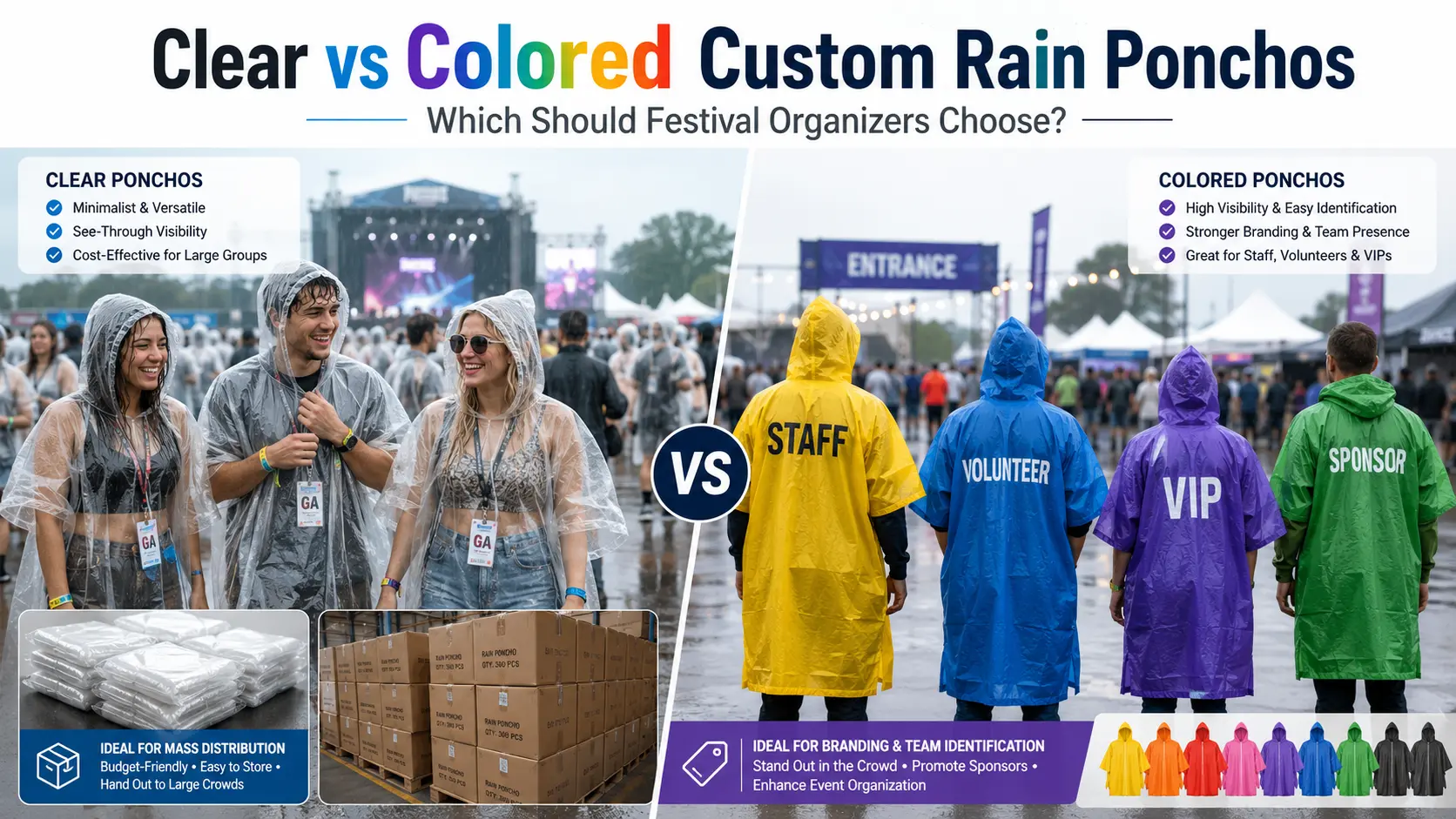 Clear vs Colored Custom Rain Ponchos for Festival Organizers Which Should You Choose
