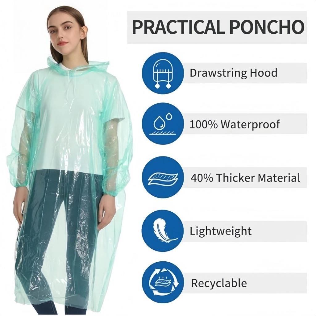 Custom disposable PE rain poncho for outdoor festival rain kit and promotional event giveaway