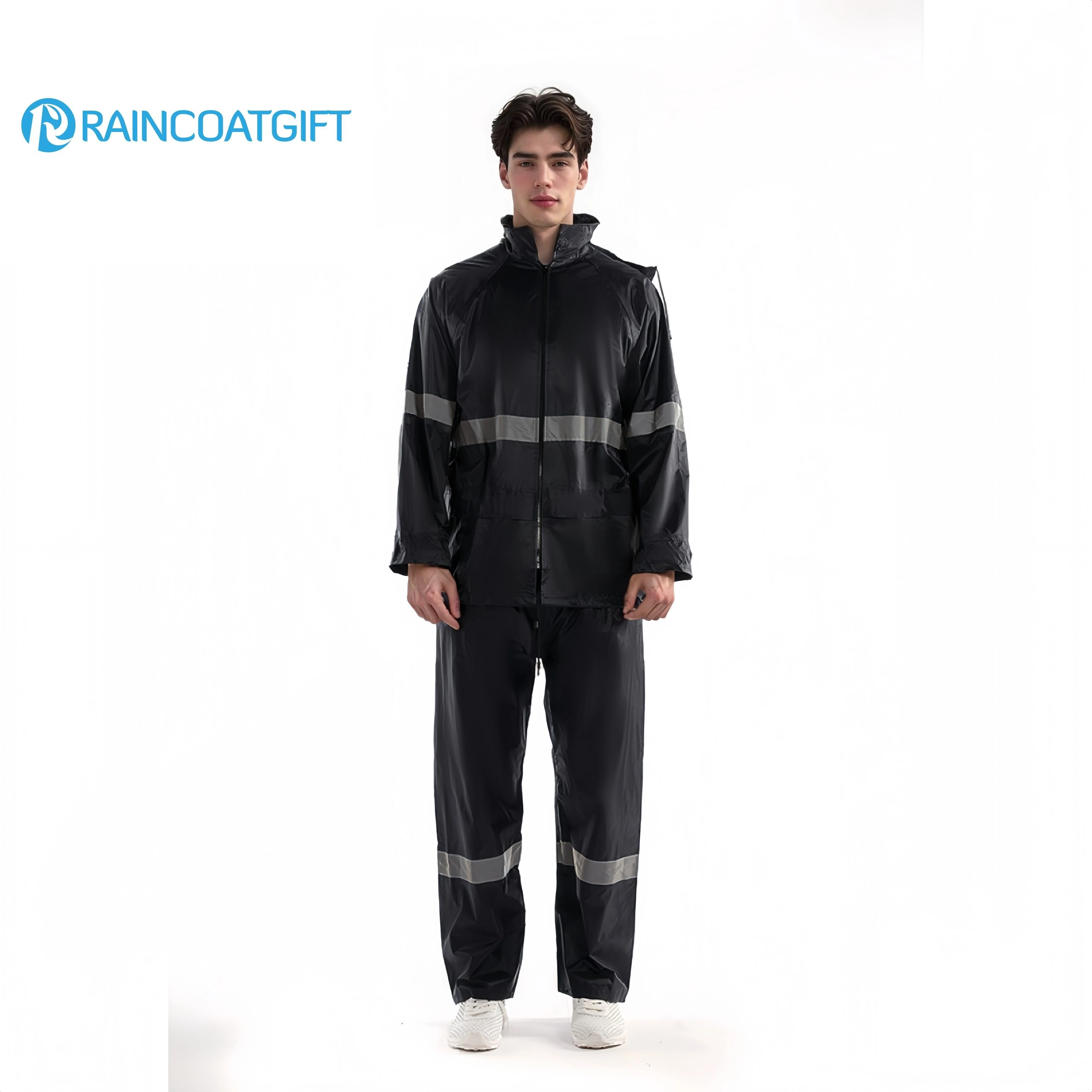 Custom polyester PVC raincoat and pants set for outdoor staff uniforms with reflective strips