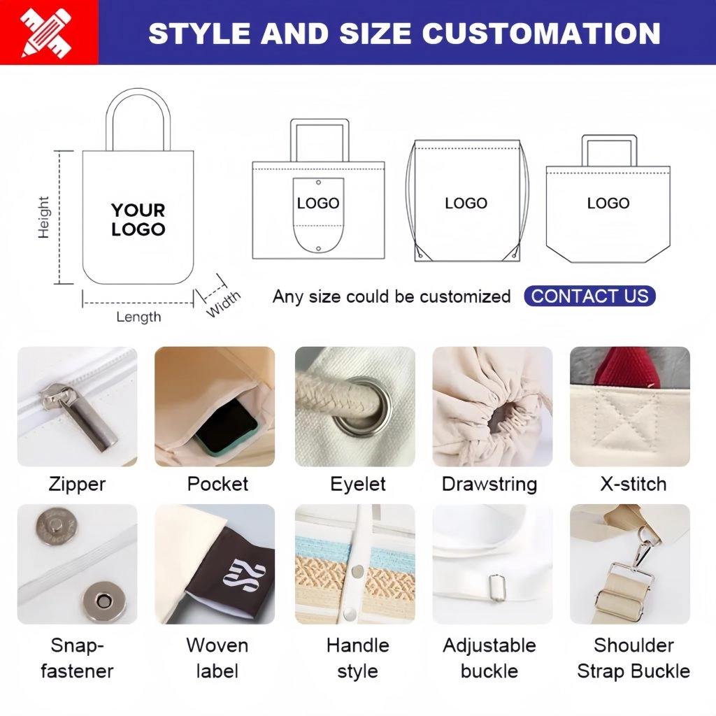 Custom promotional canvas tote bag handle options and X-stitch reinforcement details