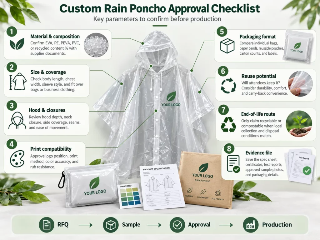 Custom rain poncho approval checklist for corporate events showing material, sizing, hood, logo printing, packaging, reuse, disposal and documentation checks