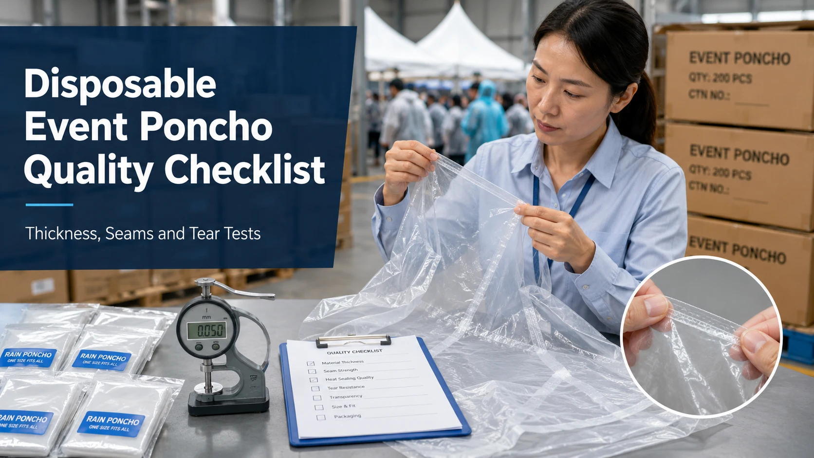 Disposable Event Poncho Quality Checklist Thickness, Seams and Tear Tests