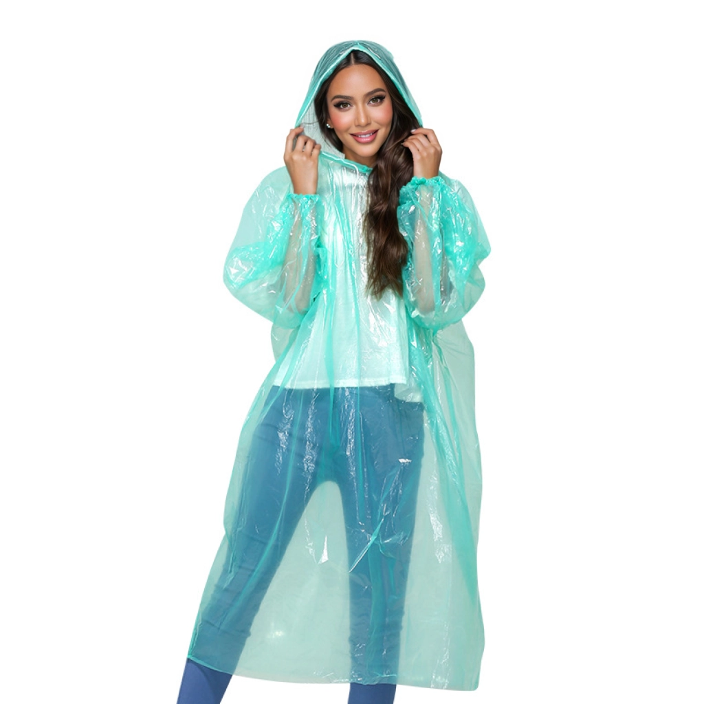 Disposable PE rain poncho for bulk event orders with drawstring hood and individual PE bag