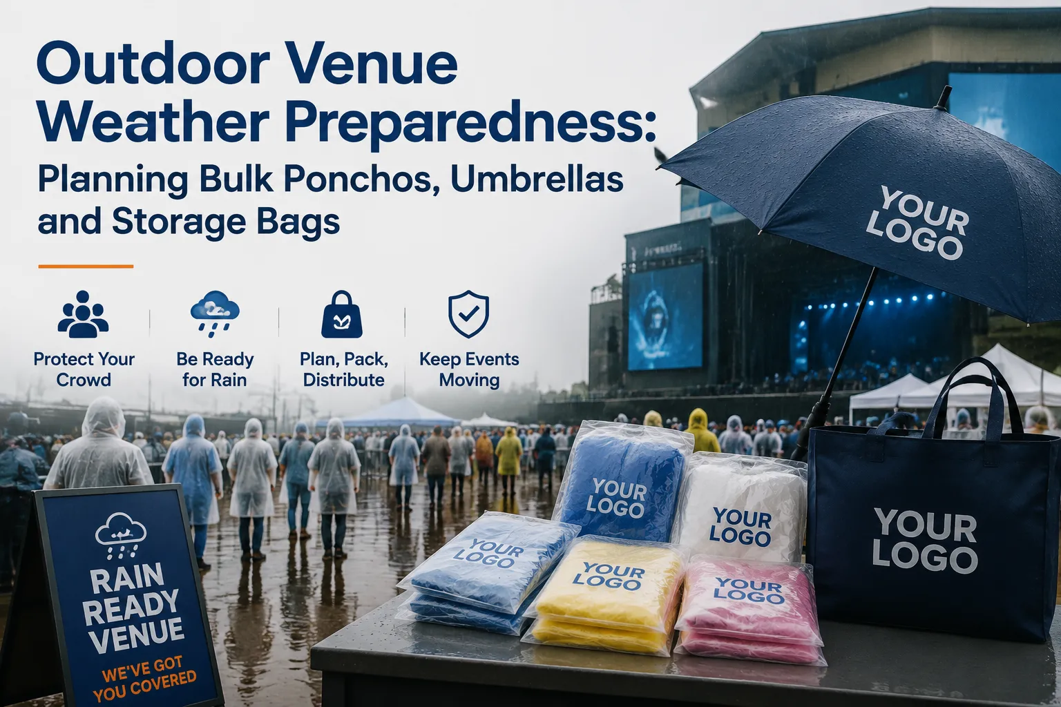 Outdoor Venue Weather Preparedness Planning Bulk Ponchos, Umbrellas and Storage Bags