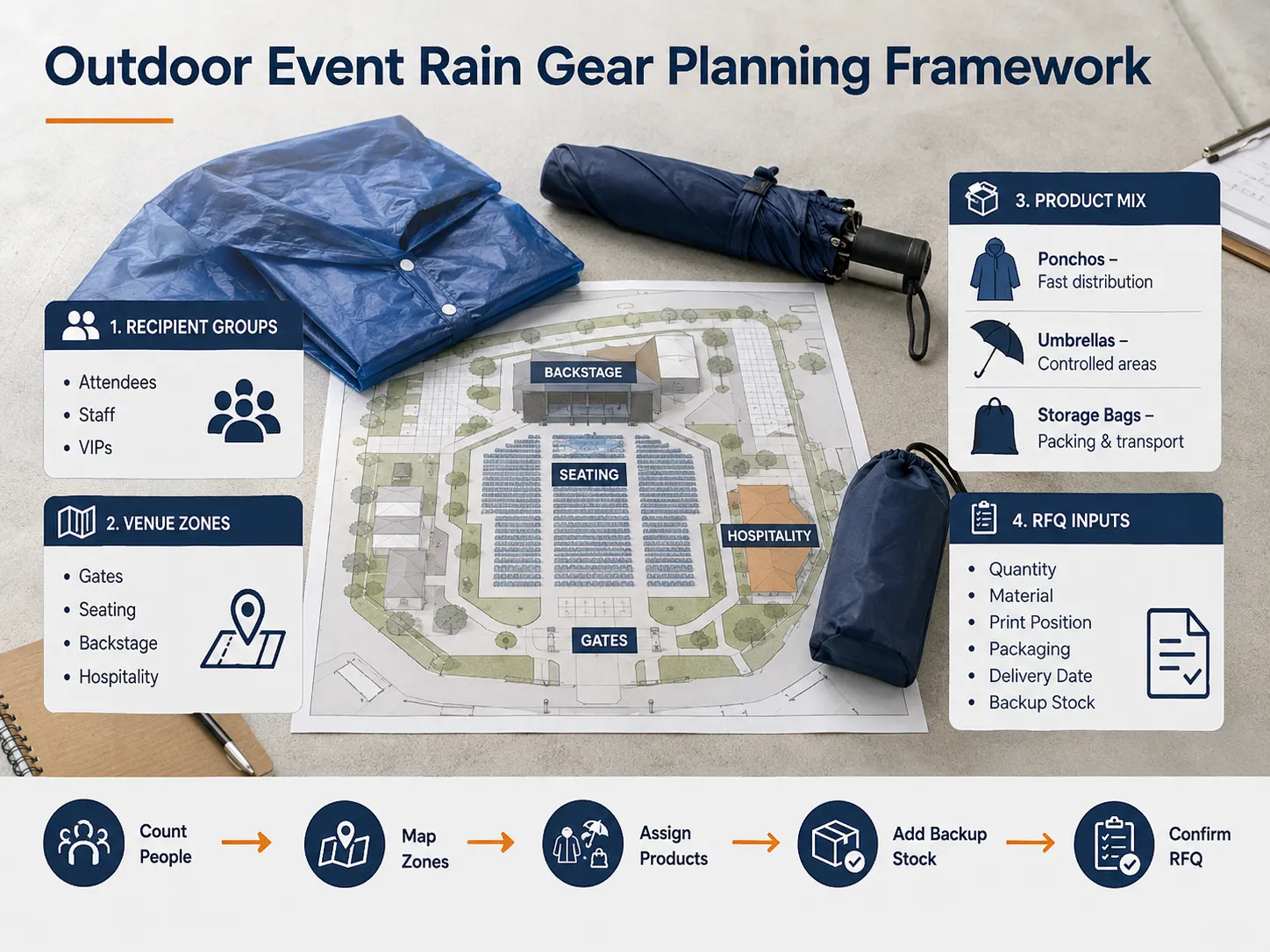 Outdoor event rain gear planning framework for bulk ponchos umbrellas and storage bags