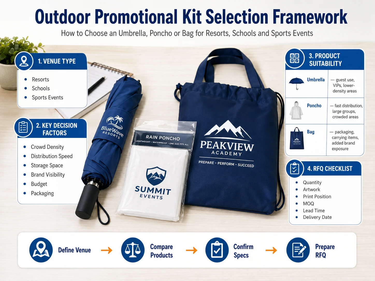Outdoor promotional kit selection framework comparing umbrellas ponchos and bags for resorts schools and sports events