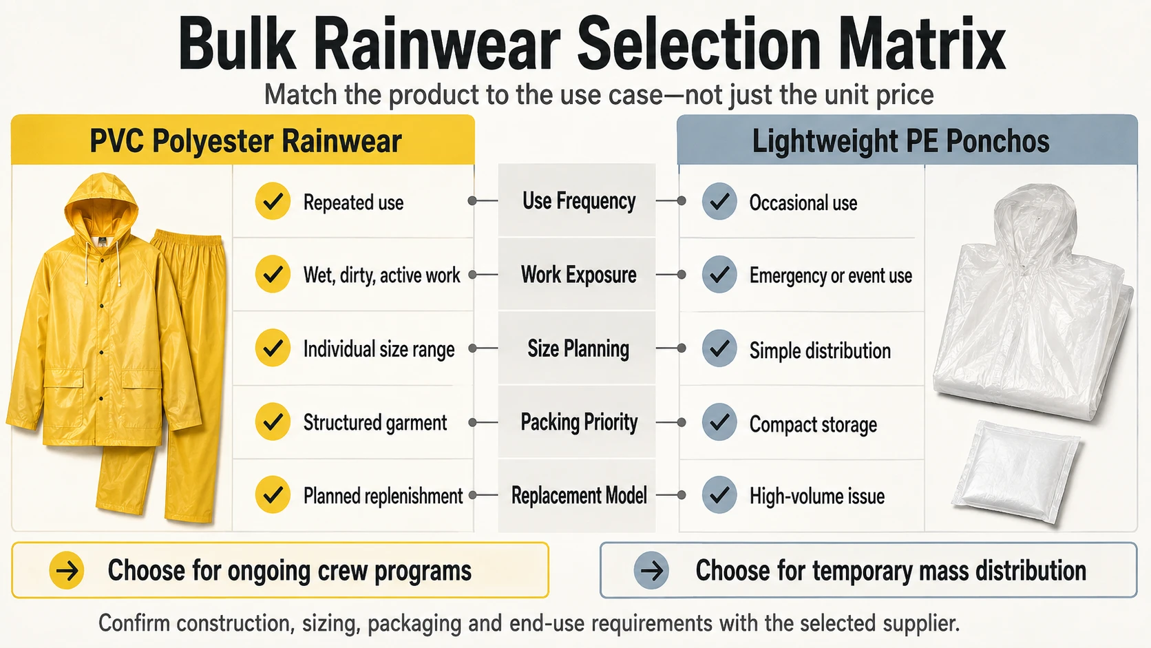 PVC polyester rainwear vs lightweight PE ponchos selection matrix for bulk workwear and emergency rainwear orders