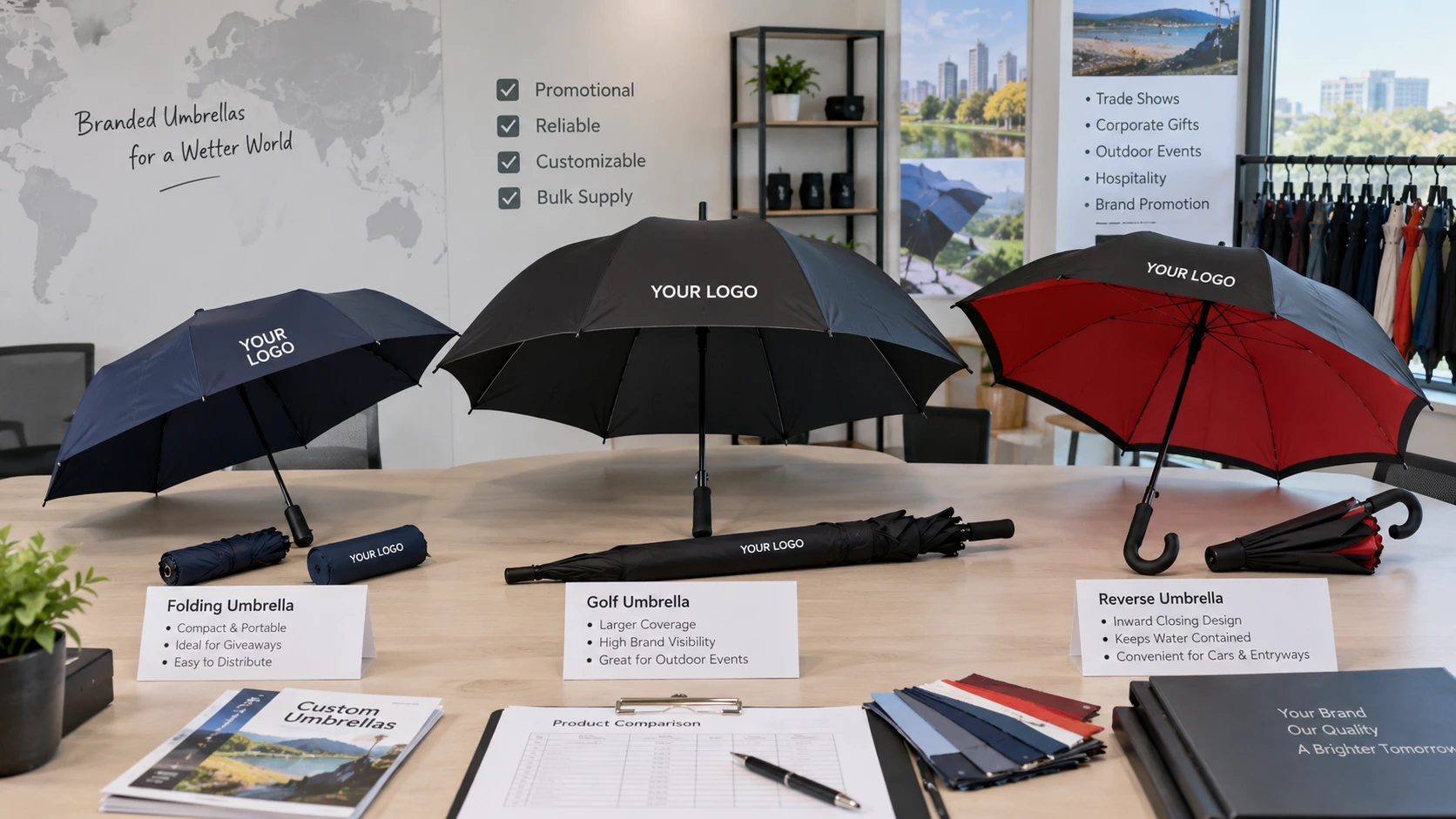Promotional Umbrellas Wholesale Folding, Golf and Reverse Umbrellas Compared for Bulk Buyers
