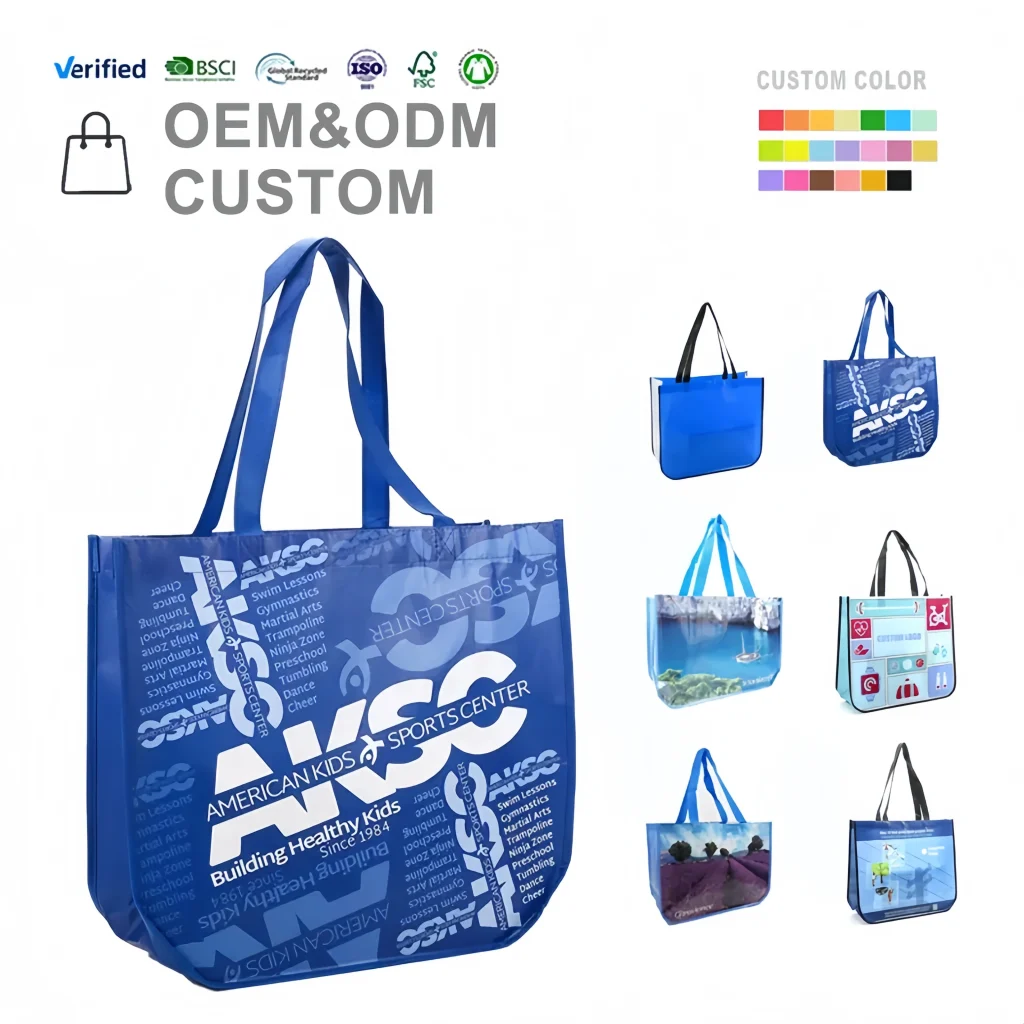 custom laminated non-woven tote bag for trade show giveaways with brochures and promotional materials